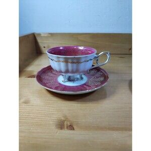 Vtg Shafford Japan Hand Painted Dk Pink Roses Footed Lusterware Tea Cup & Saucer